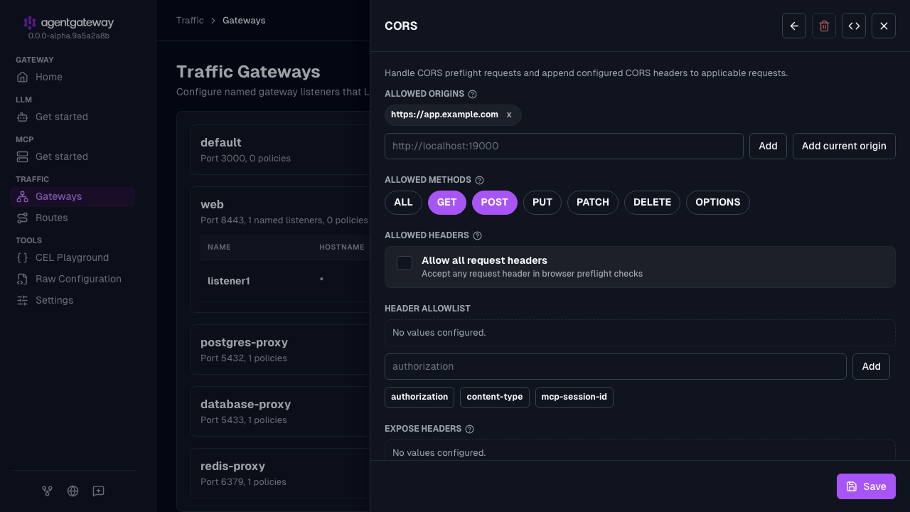 CORS policy form for the default gateway with the https://app.example.com origin, the GET and POST methods, and Allow all request headers cleared