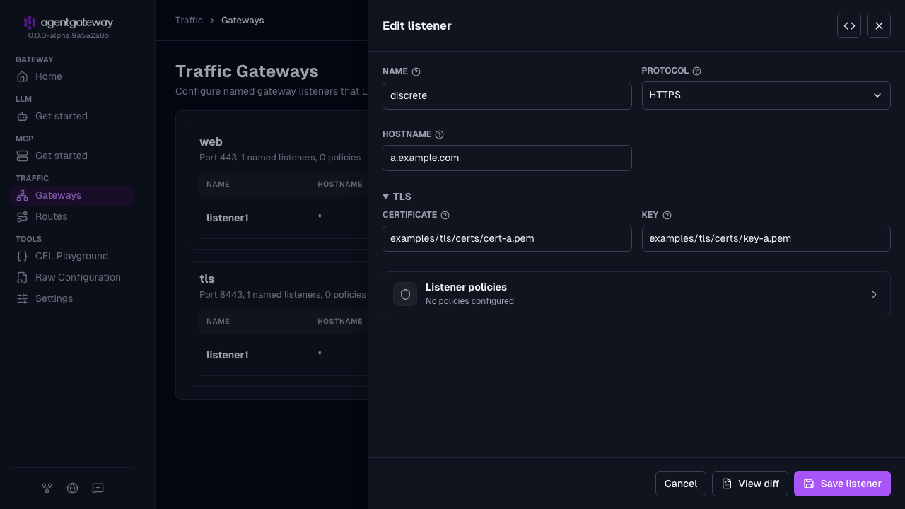 Edit listener drawer for listener1 on the web gateway, set up as an HTTPS listener for a.example.com with the cert-a.pem certificate and key-a.pem key