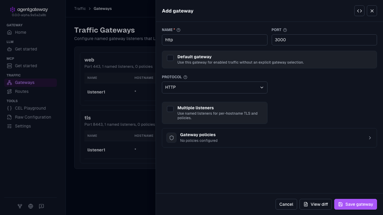 Add gateway drawer for the http gateway on port 3000 with the HTTP protocol