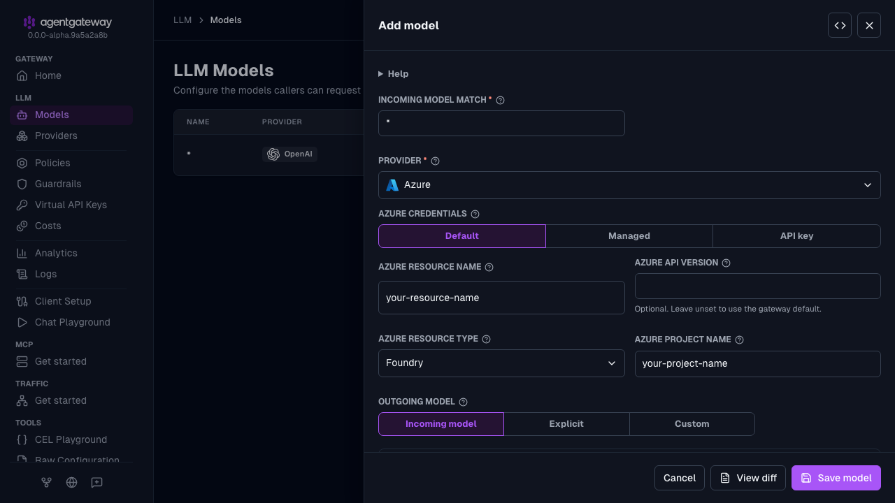 Add model drawer with Azure selected as the provider, Default as the Azure credentials, your-resource-name as the Azure resource name, Foundry as the Azure resource type, and your-project-name as the Azure project name