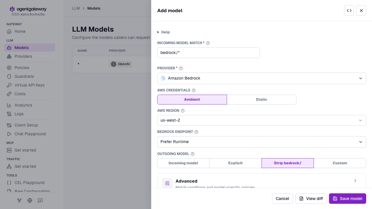 Add model drawer with Amazon Bedrock selected as the provider, bedrock/* as the incoming model match, Ambient as the AWS credentials, us-west-2 as the AWS region, and Prefer Runtime as the Bedrock endpoint