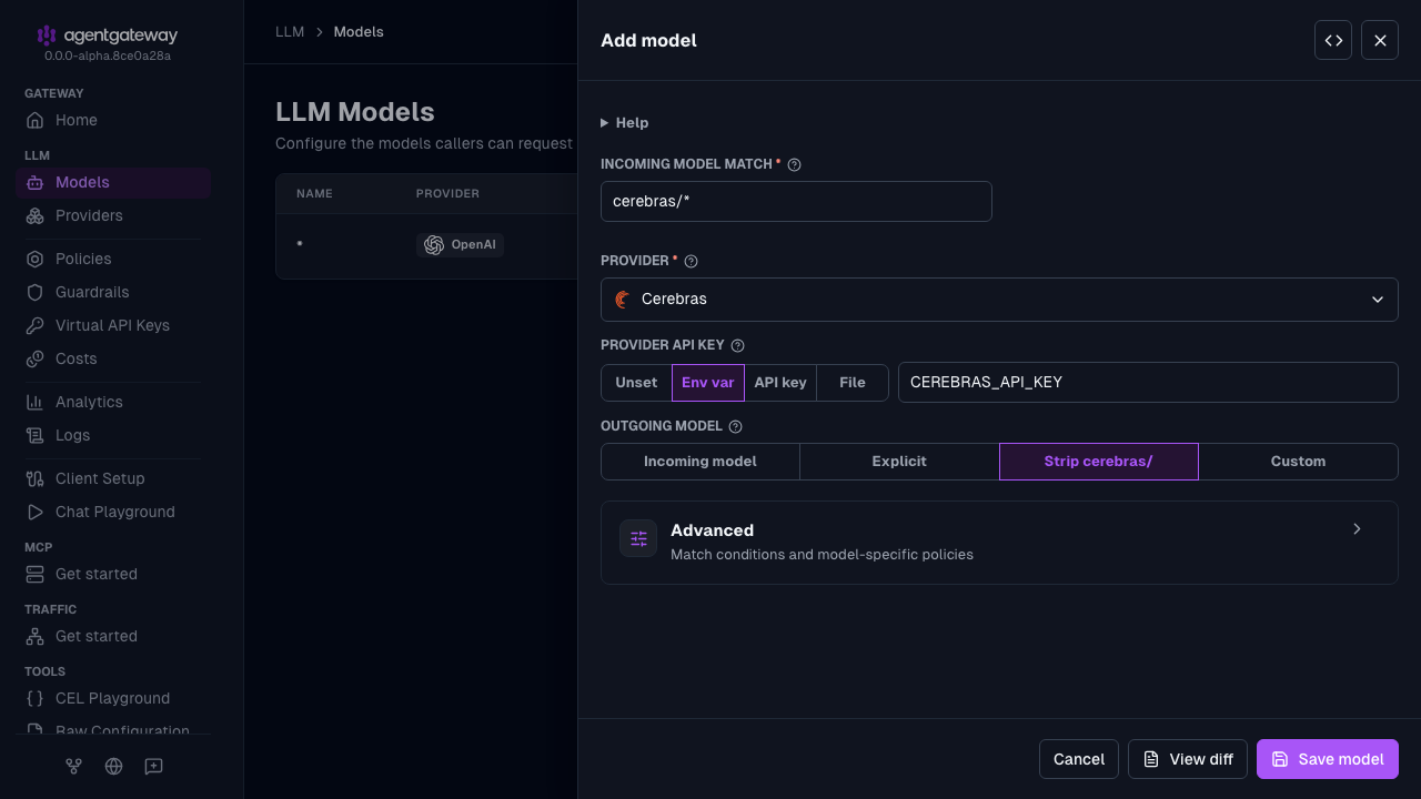 Add model drawer with Cerebras selected as the provider, cerebras/* as the incoming model match, and CEREBRAS_API_KEY as the environment variable for the provider API key