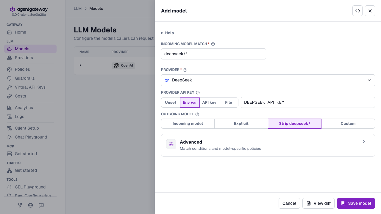 Add model drawer with DeepSeek selected as the provider, deepseek/* as the incoming model match, and DEEPSEEK_API_KEY as the environment variable for the provider API key