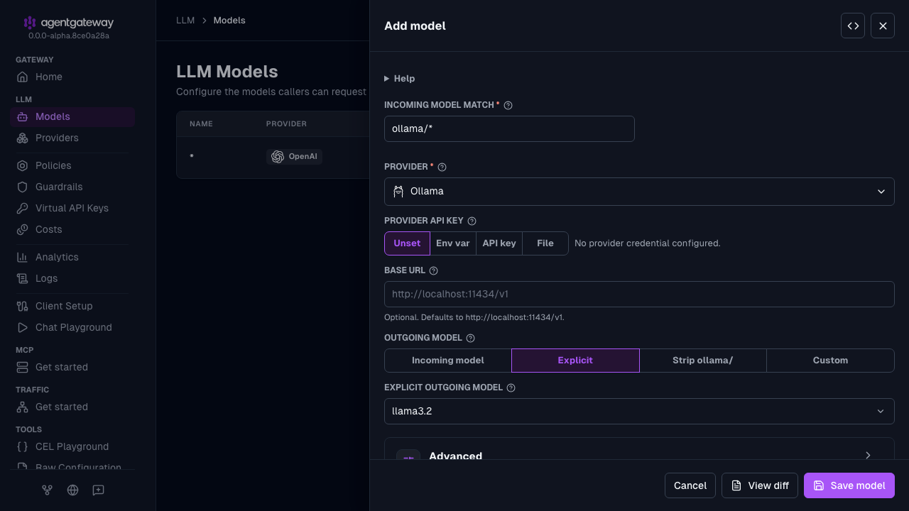 Add model drawer with the Ollama provider, ollama/* as the incoming model match, no provider API key, and llama3.2 as the explicit outgoing model
