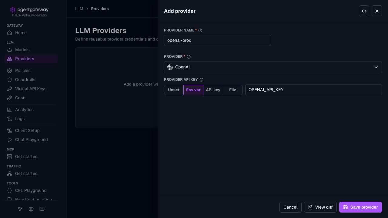 Add provider drawer with openai-prod as the provider name, OpenAI selected as the provider, and OPENAI_API_KEY as the environment variable for the provider API key