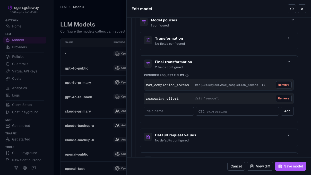 Edit model drawer with the Final transformation section expanded, showing max_completion_tokens and reasoning_effort provider request fields