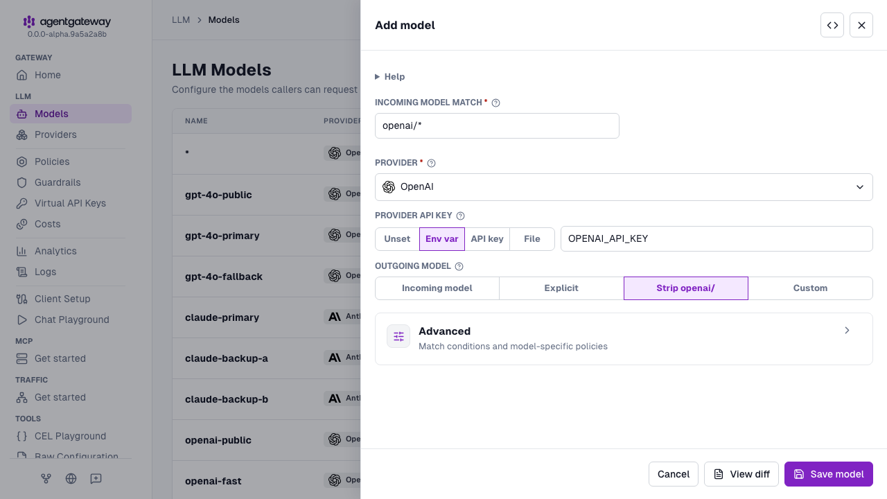 Add model drawer with the OpenAI provider, the default openai/* match, the OPENAI_API_KEY environment variable, and Strip openai/ as the outgoing model