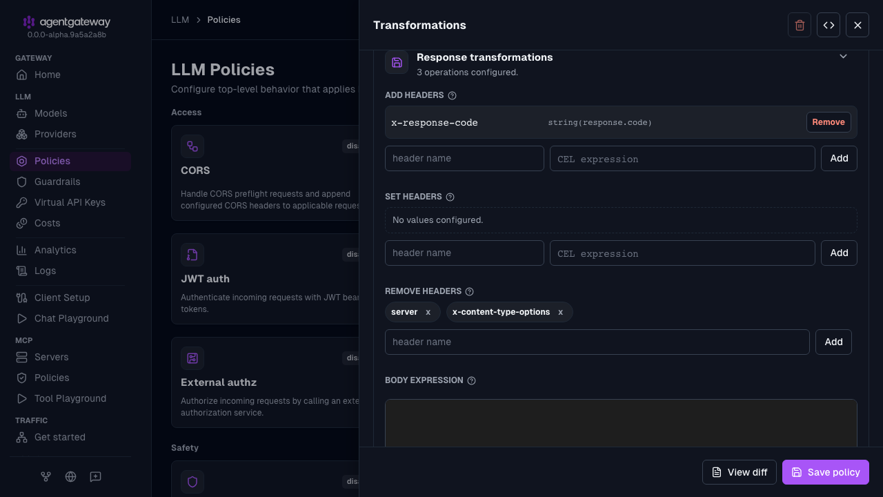 Transformations drawer with the response section setting the x-response-code header and removing two headers