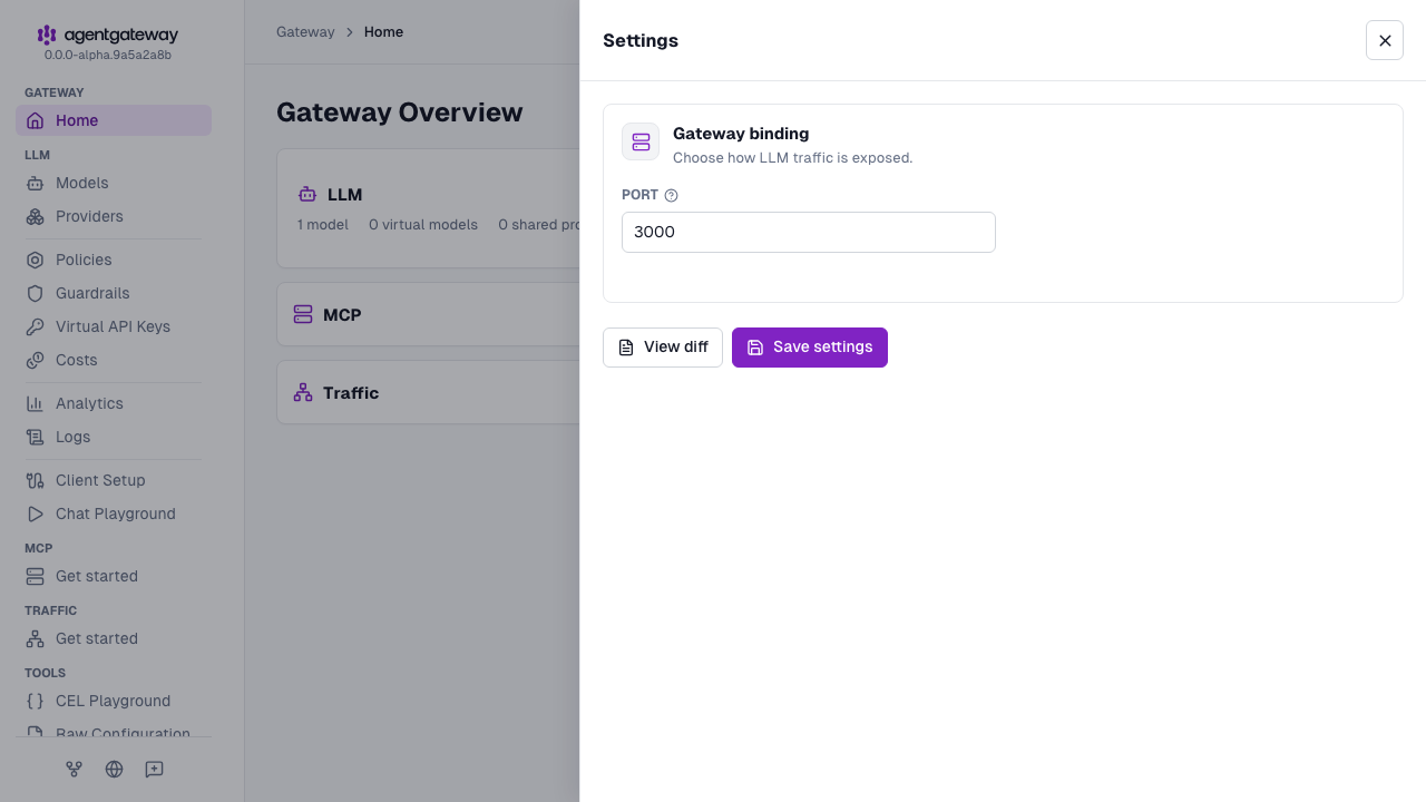 LLM Settings drawer with the Gateway binding port set to 3000 and a Save settings button