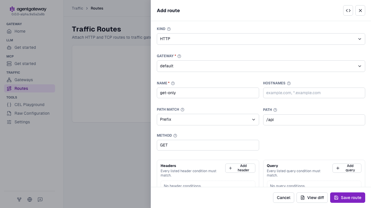 Add route drawer for the get-only route with the /api path and the GET method