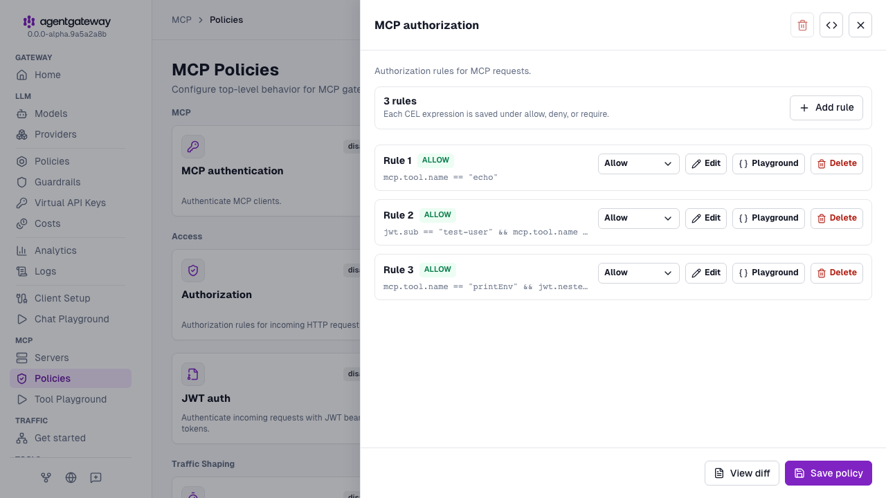 MCP authorization drawer with three allow rules for the echo, add, and printEnv tools