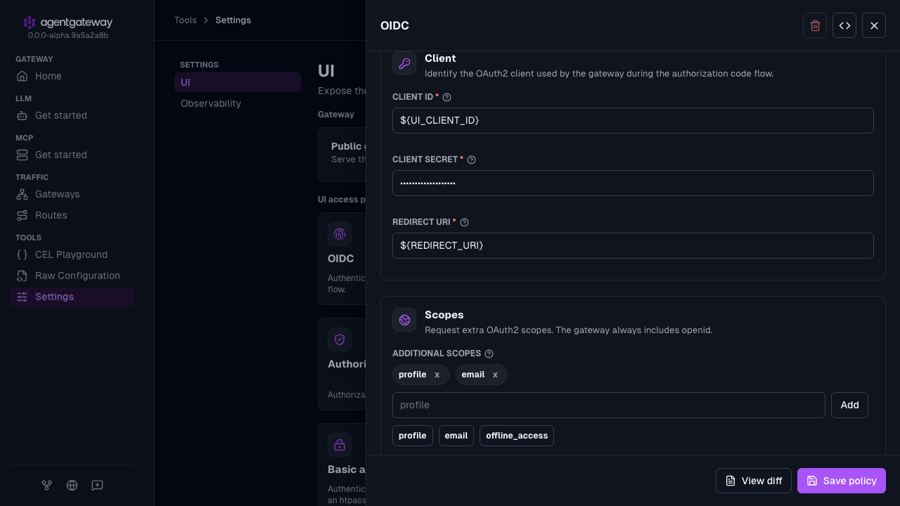 UI OIDC settings drawer scrolled to the client ID, client secret, and redirect URI environment variables and the profile and email scopes