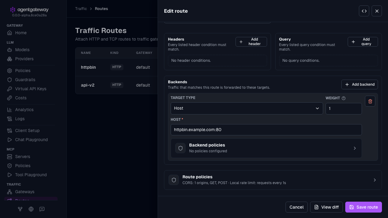 Edit route drawer with a host backend, a Backend policies row, a Route policies row for CORS and rate limits, and a View diff button