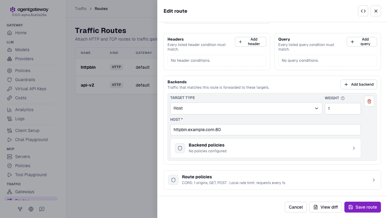 Edit route drawer with a host backend, a Backend policies row, a Route policies row for CORS and rate limits, and a View diff button