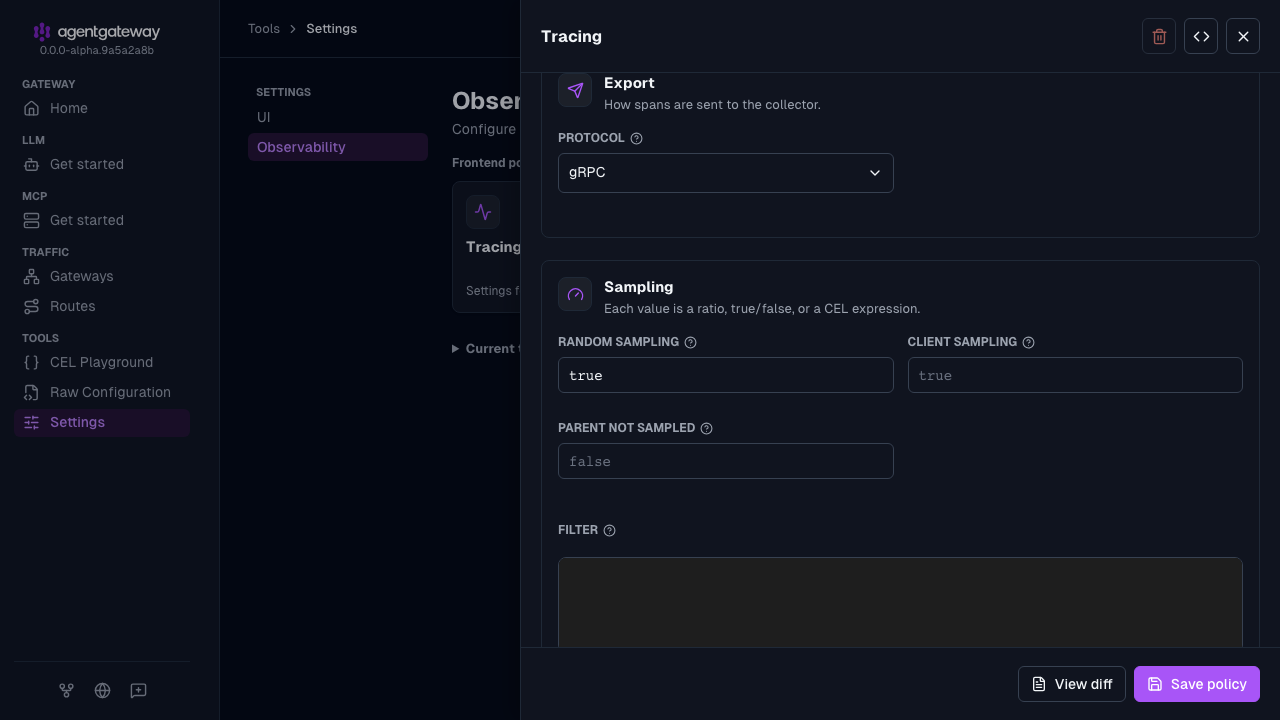 Tracing drawer with the gRPC protocol in the Export section and random sampling set to true in the Sampling section