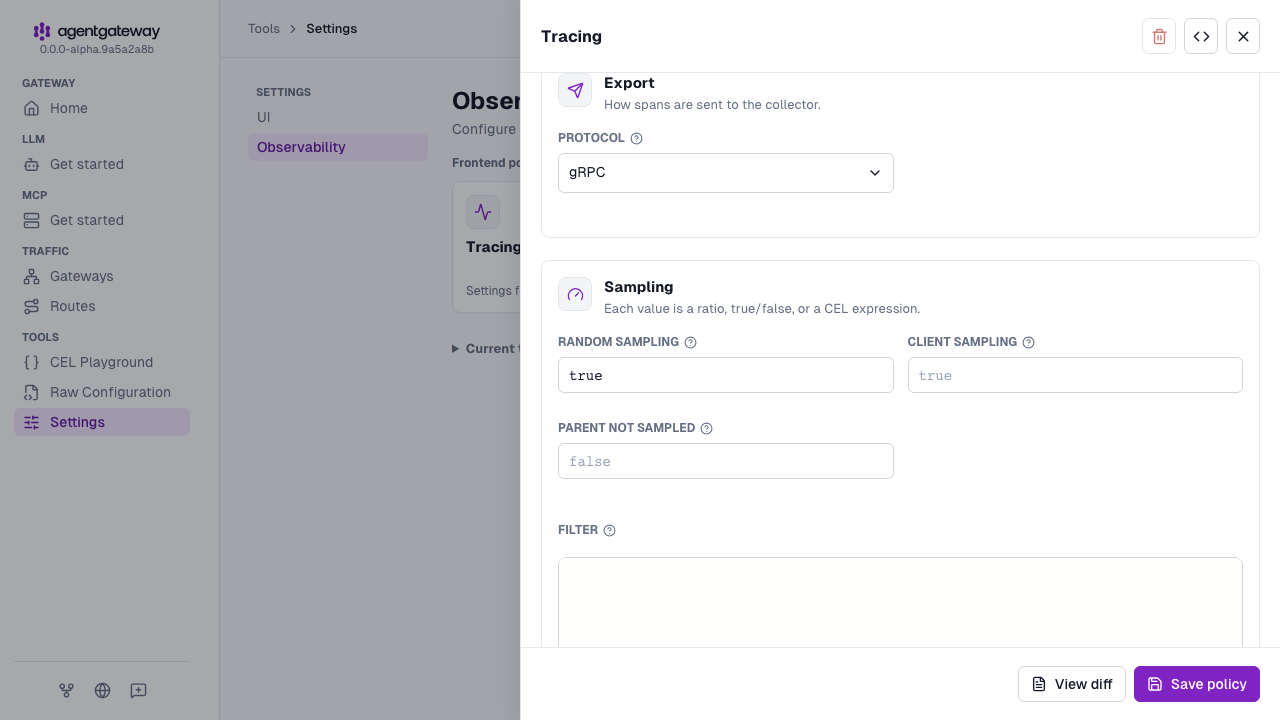 Tracing drawer with the gRPC protocol in the Export section and random sampling set to true in the Sampling section