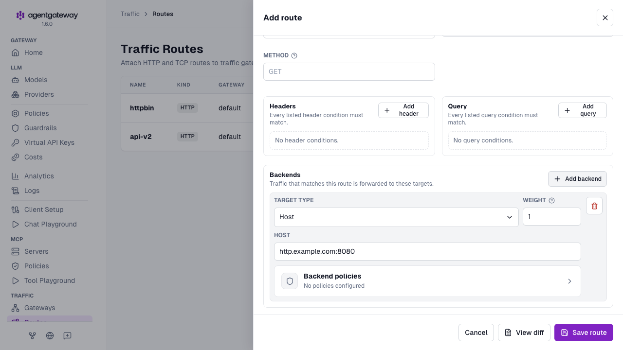 Add route drawer scrolled to the http.example.com:8080 host backend