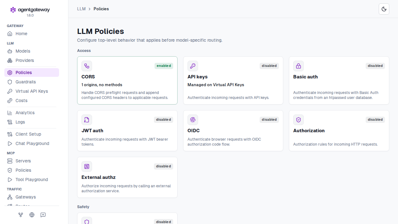 LLM Policies page with policy cards such as CORS, API keys, and JWT auth, each marked enabled or disabled