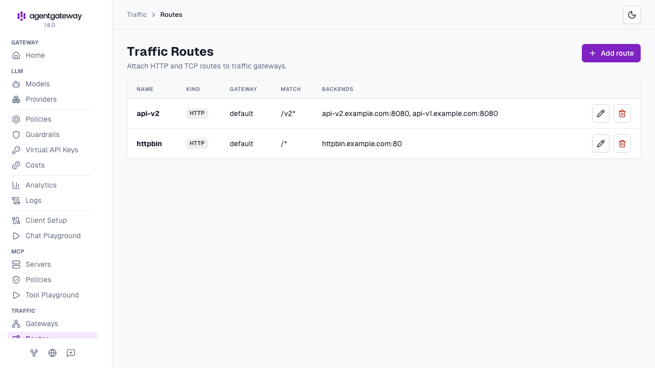 Traffic Routes page with two HTTP routes, api-v2 and httpbin, that show the gateway, path match, and backends